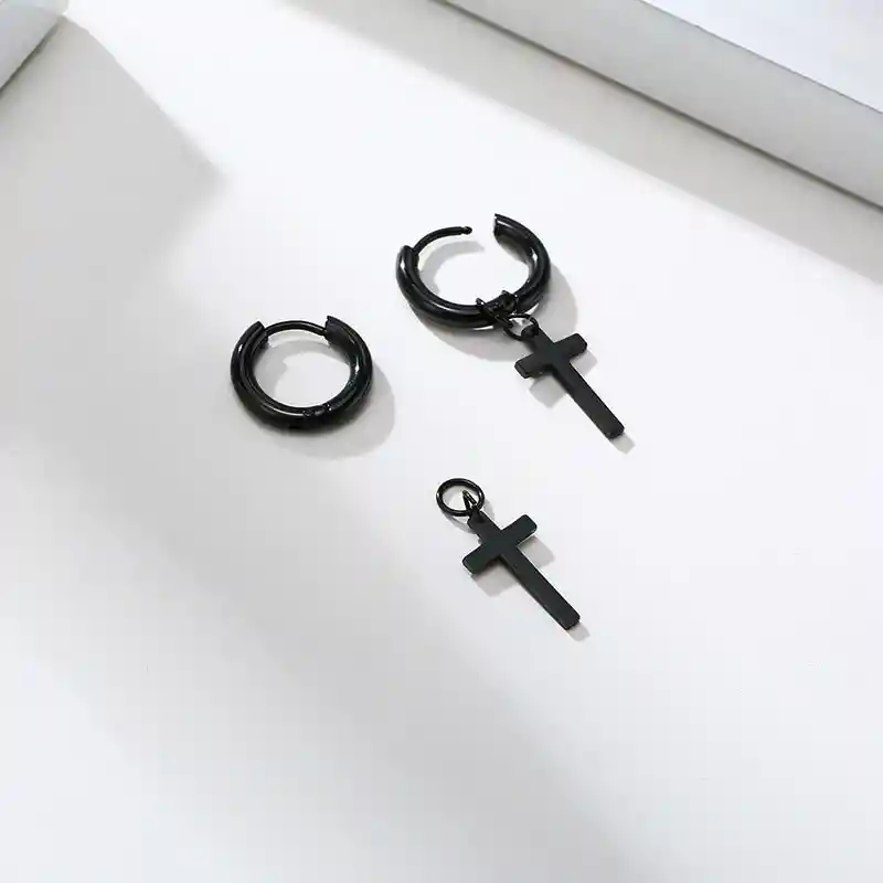 Aros Doble Uso Punk Cruz Acero Negro Pendientes Sin Genero