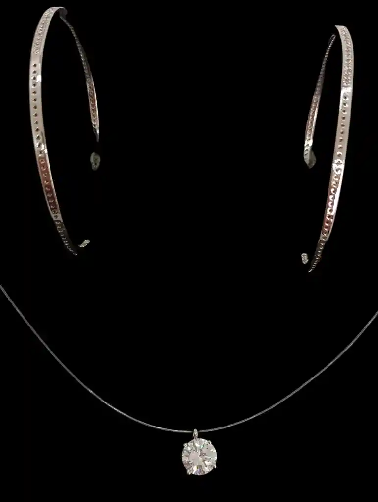 Set Conjunto Argollas Zirconia Pave Collar Nylon Plata Amor