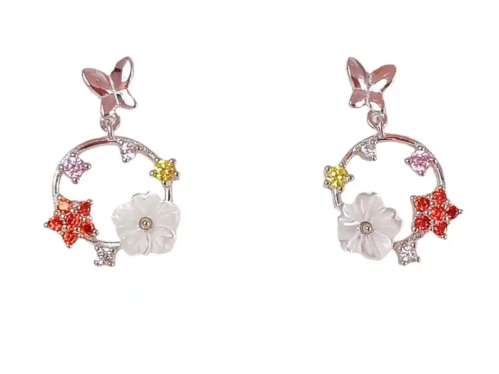 Aros Flor Fairytale Plata Fina Ley S925 Zirconia Mariposas Niñas Pendientes