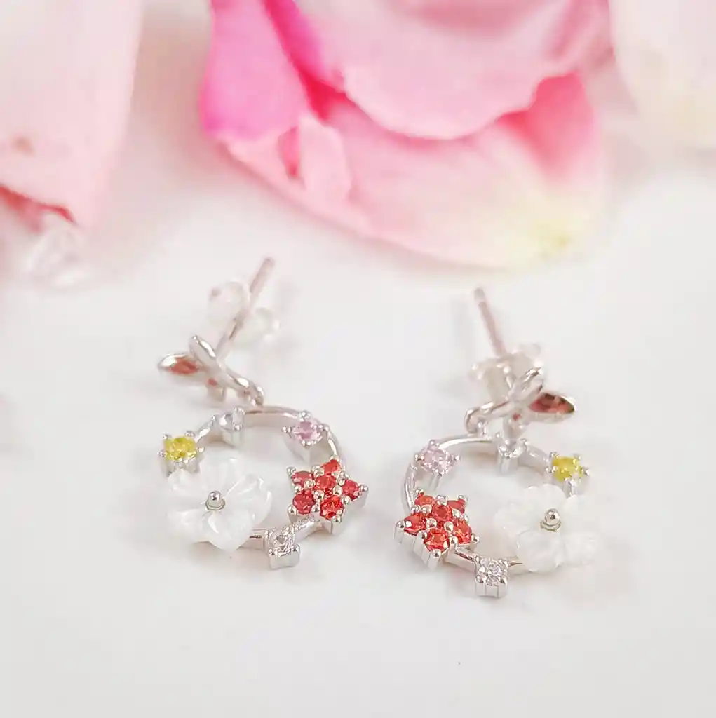 Aros Flor Fairytale Plata Fina Ley S925 Zirconia Mariposas Niñas Pendientes