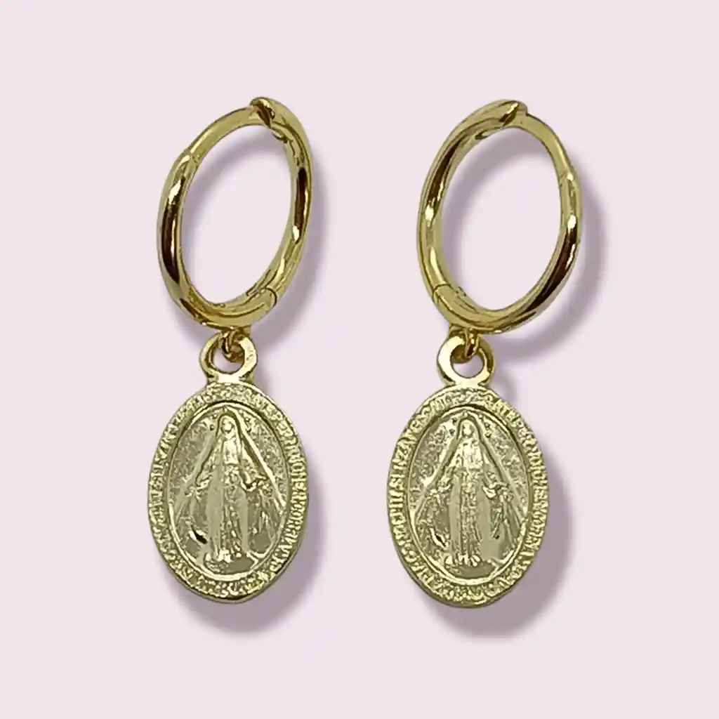 Argollas Huggies Virgen Maria Plata Fina Chapado En Oro 18k