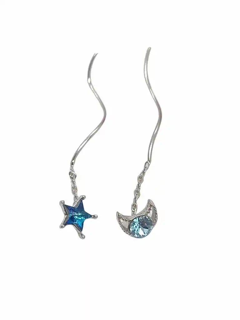 Aros Desiguales Luna Estrella Azul Plata Fina 925 Colgantes