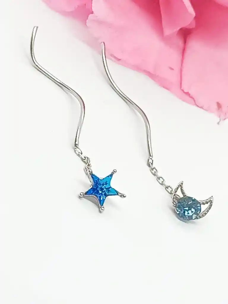 Aros Desiguales Luna Estrella Azul Plata Fina 925 Colgantes