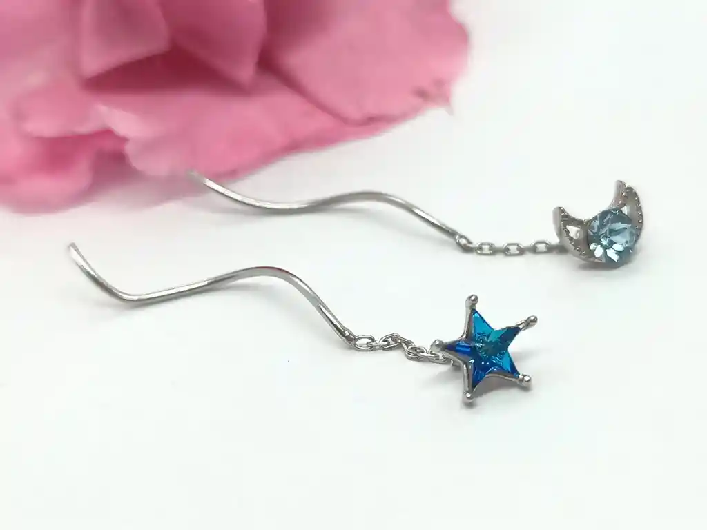 Aros Desiguales Luna Estrella Azul Plata Fina 925 Colgantes