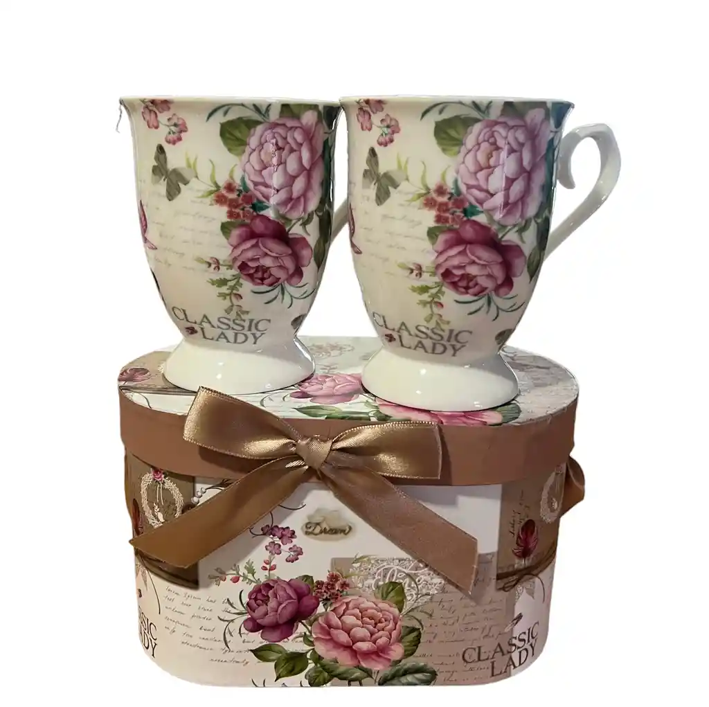 Set De 2 Tazas De Porcelana Vintage Simple Con Caja Modelo C