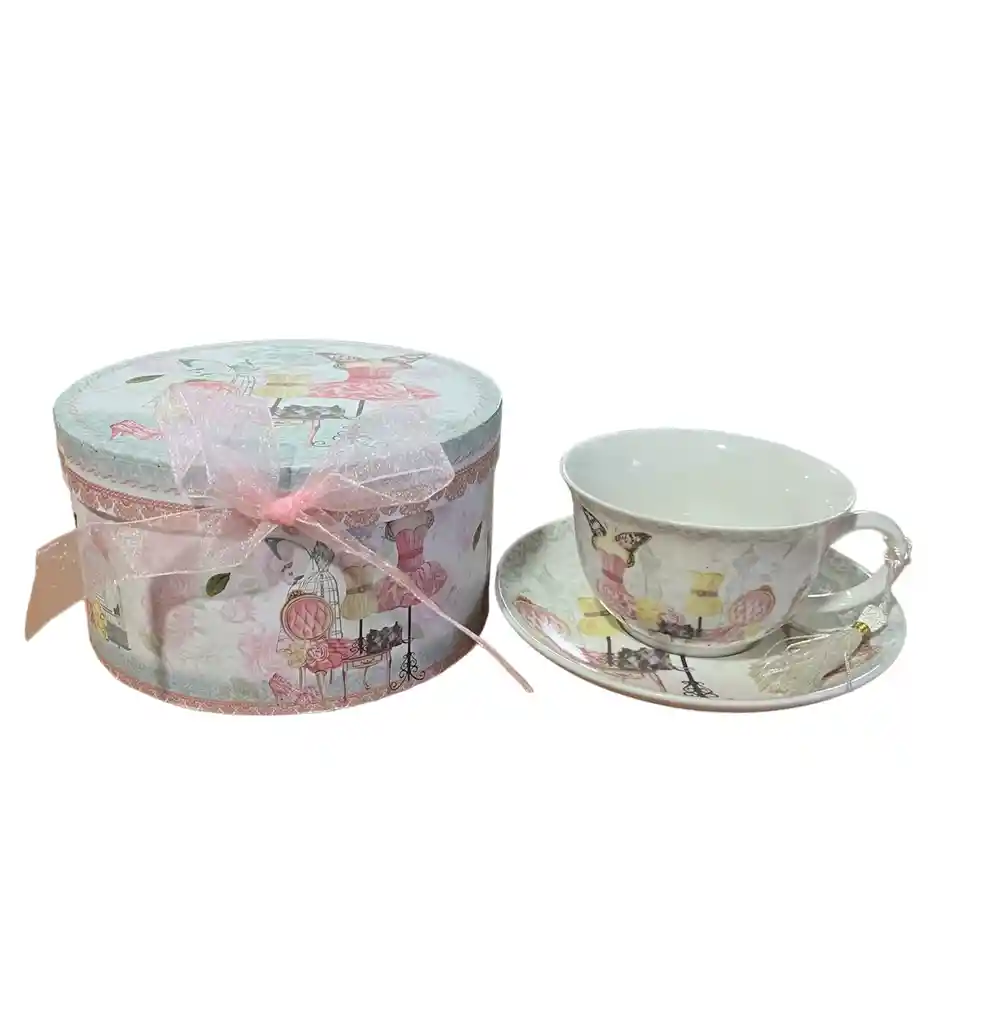 Taza De Porcelana Vintage Con Plato En Caja Modelo C