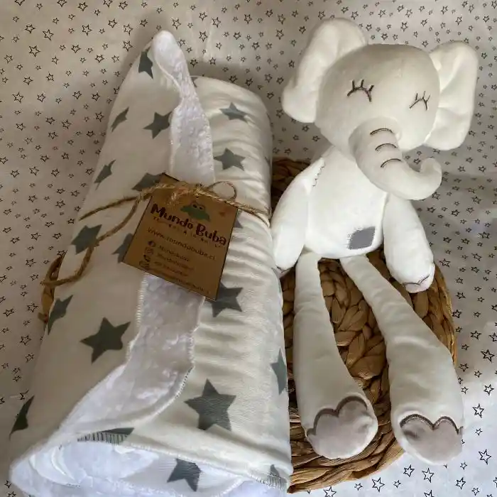 Set Regalo Bebé. Manta De Algodón Con Polar Y Peluche De Apego Elefante De Felpa Blanco