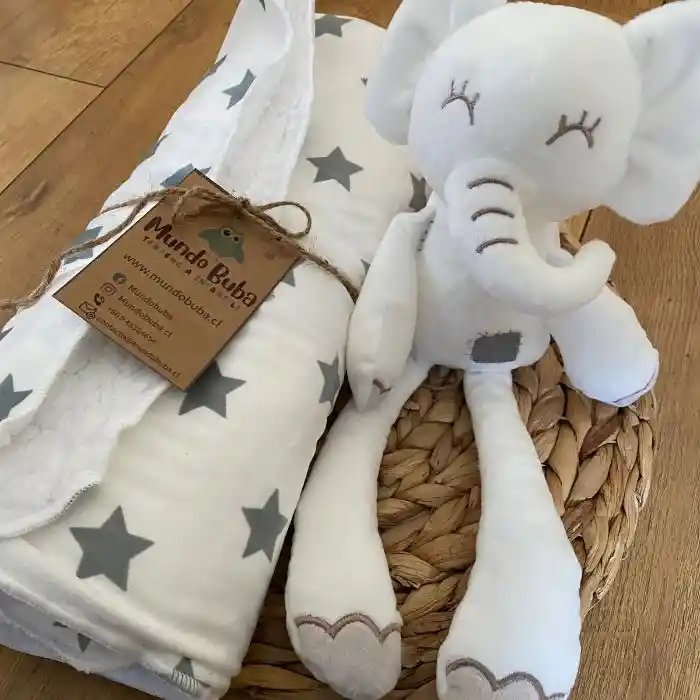 Set Regalo Bebé. Manta De Algodón Con Polar Y Peluche De Apego Elefante De Felpa Blanco