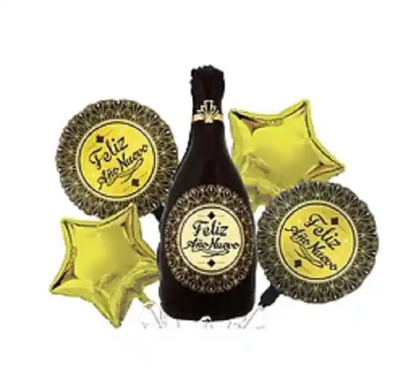 Set De Globos Metálicos Botella Feliz Año Nuevo 5pcs