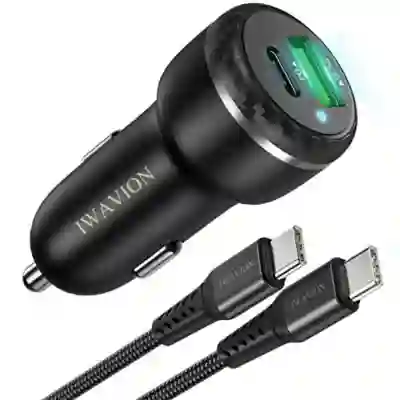 Cargador De Auto 18w Con Cable C + 2 Usb-c