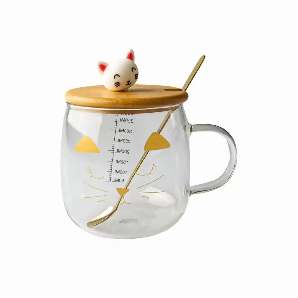 Taza De Vidrio Con Tapa De Diseño Gatos Con Medidor 475ml Modelo B