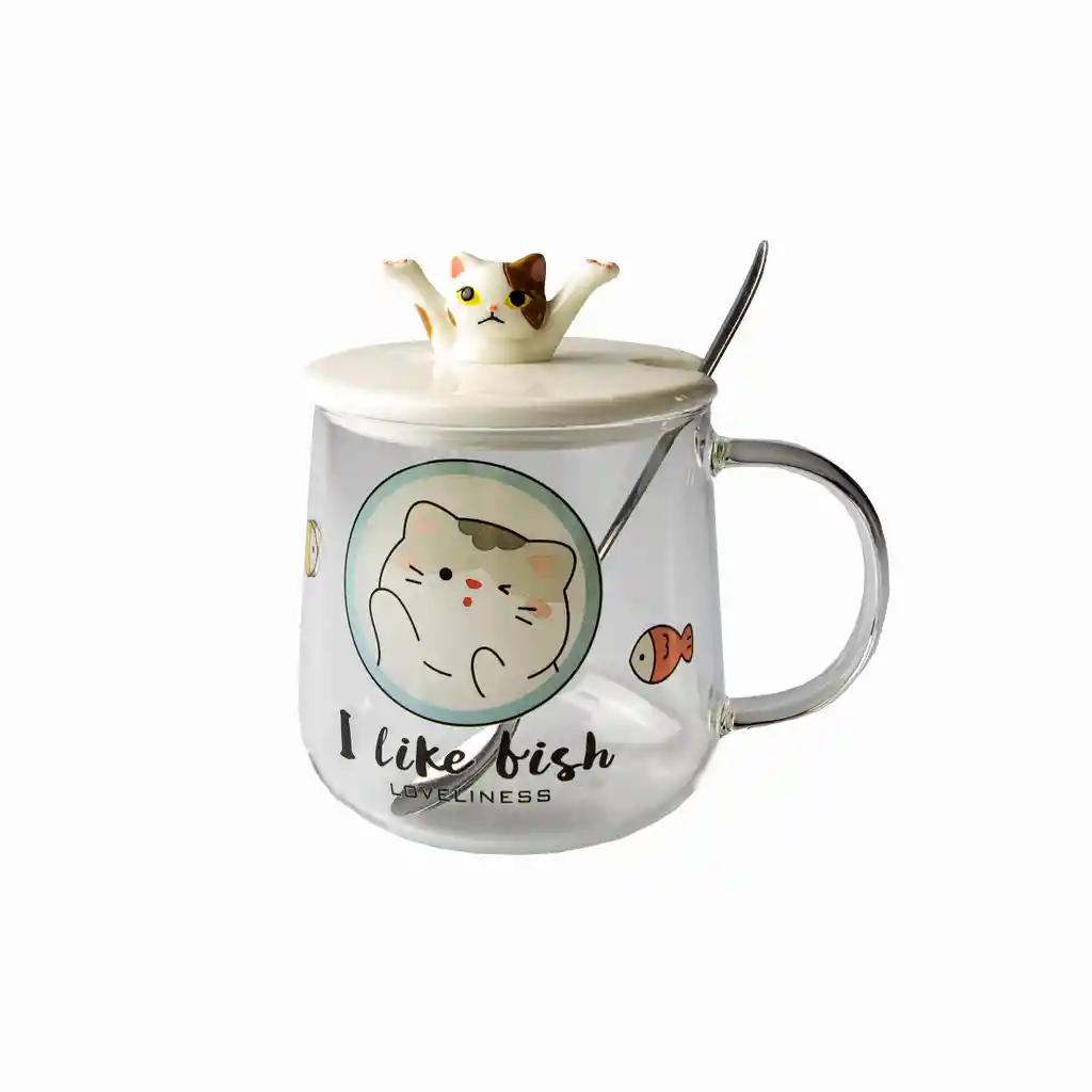 Taza De Vidrio Con Tapa De Diseño Gatos Bailando Modelo B