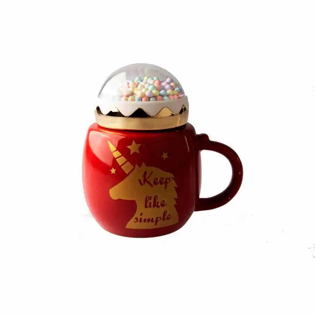 Taza De Cerámica Diseño Unicornio Tapa De Pelotitas Rojo