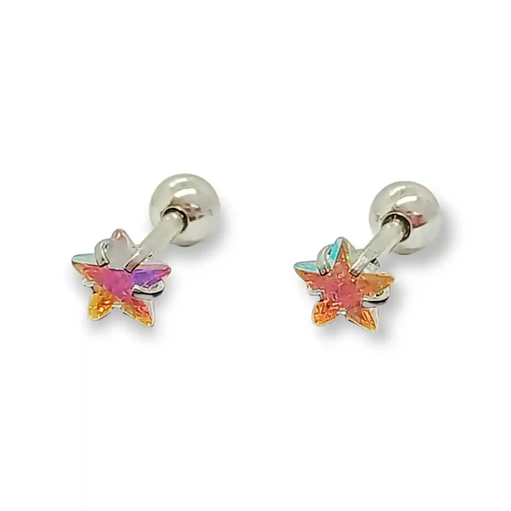 Aros De Seguridad Punto De Luz Estrella Hipoalergénicos Zirconio Tornasol 5mm