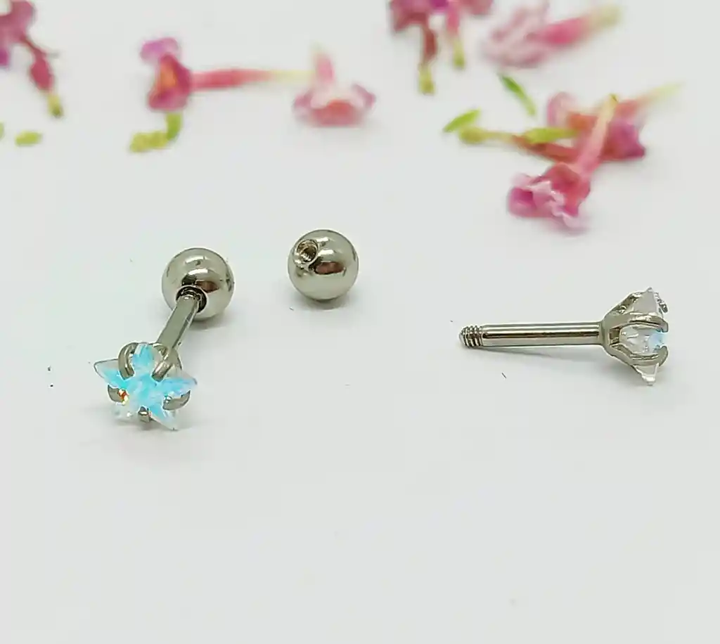 Aros De Seguridad Punto De Luz Estrella Hipoalergénicos Zirconio Tornasol 5mm