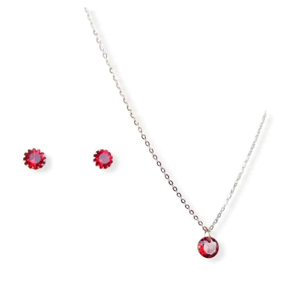 Set Conjunto Cadena Aros Plata Punto De Luz Zirconia Roja