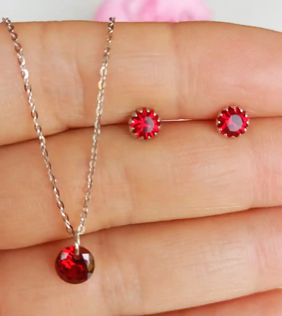 Set Conjunto Cadena Aros Plata Punto De Luz Zirconia Roja