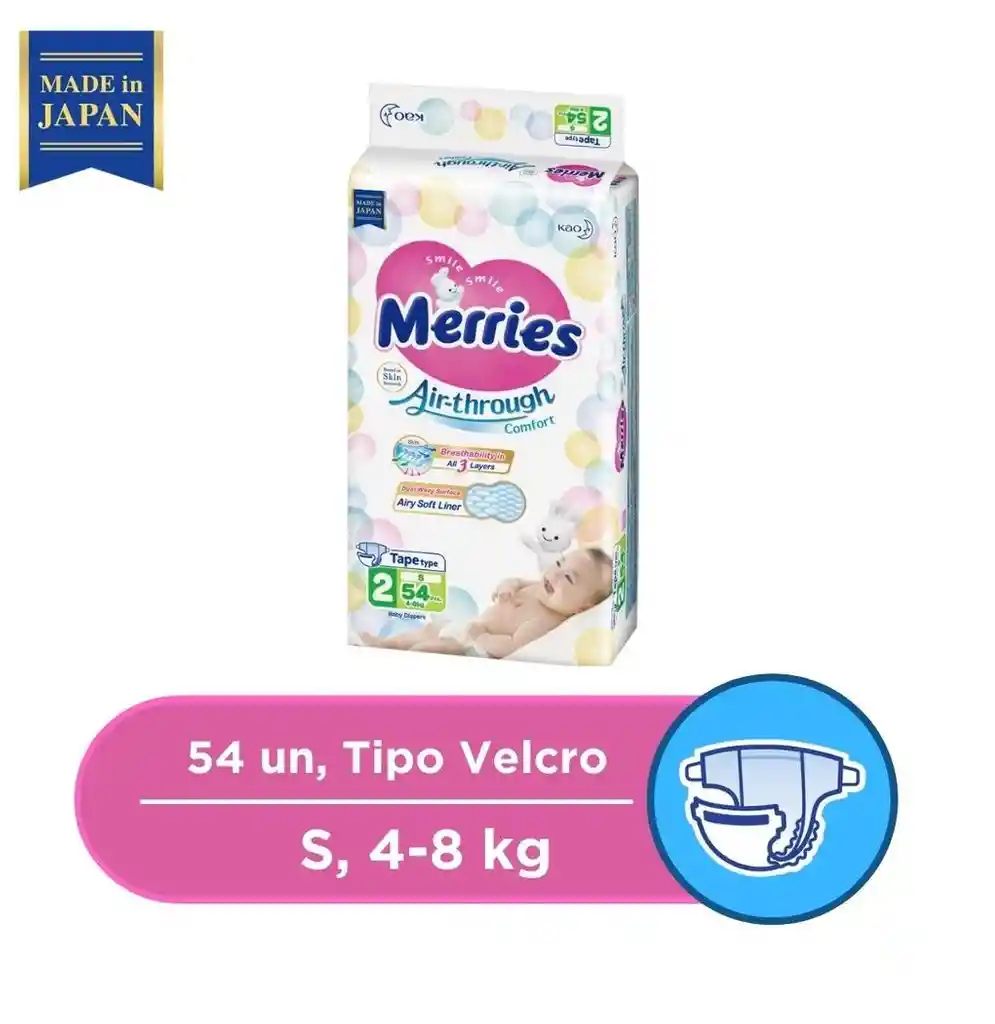 Merries · Pañal Velcro Talla S (4-8 Kg)