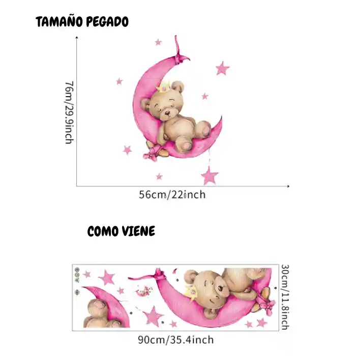 Vinilo Decorativo Infantil O Calcomanía De Pared Oso Durmiendo En La Luna Color Rosado