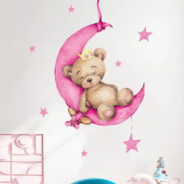 Vinilo Decorativo Infantil O Calcomanía De Pared Oso Durmiendo En La Luna Color Rosado