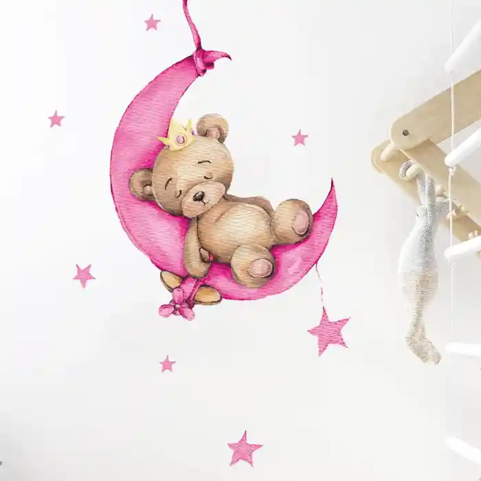 Vinilo Decorativo Infantil O Calcomanía De Pared Oso Durmiendo En La Luna Color Rosado