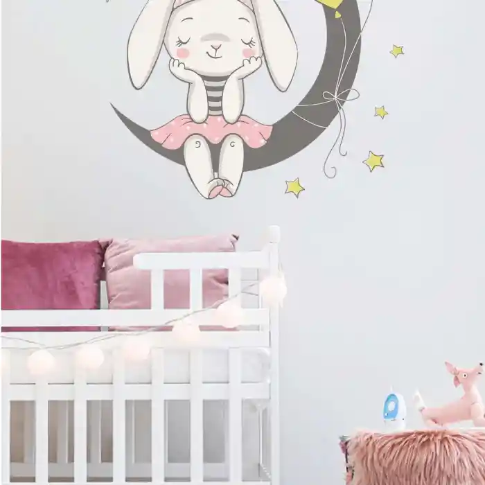 Vinilo Decorativo Infantil O Calcomanía De Pared Conejita Sentada En La Luna