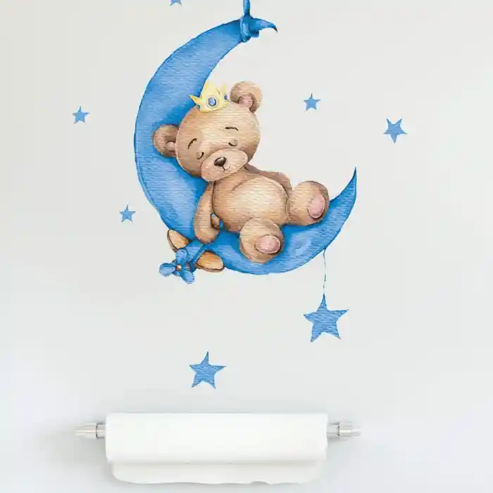 Vinilo Decorativo Infantil O Calcomanía De Pared Oso Durmiendo En La Luna Color Azul