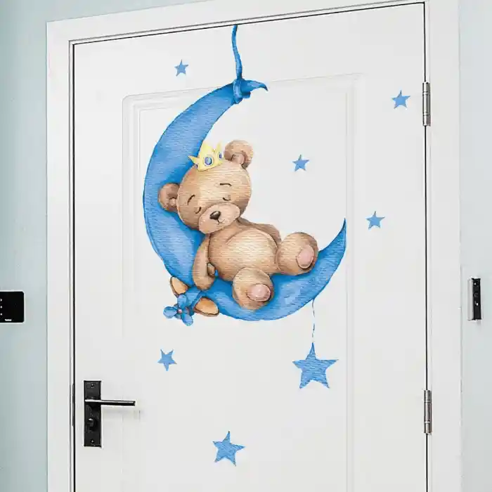 Vinilo Decorativo Infantil O Calcomanía De Pared Oso Durmiendo En La Luna Color Azul