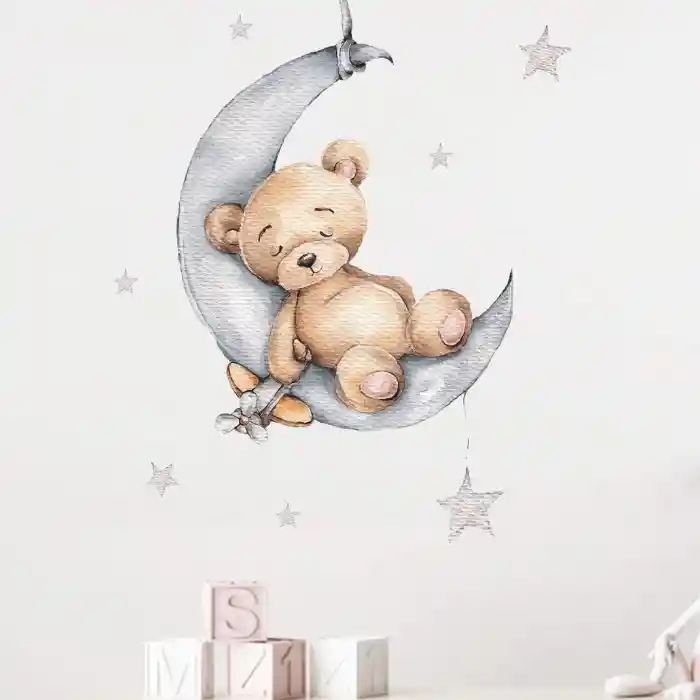 Vinilo Decorativo Infantil O Calcomanía De Pared Oso Durmiendo En La Luna Color Gris