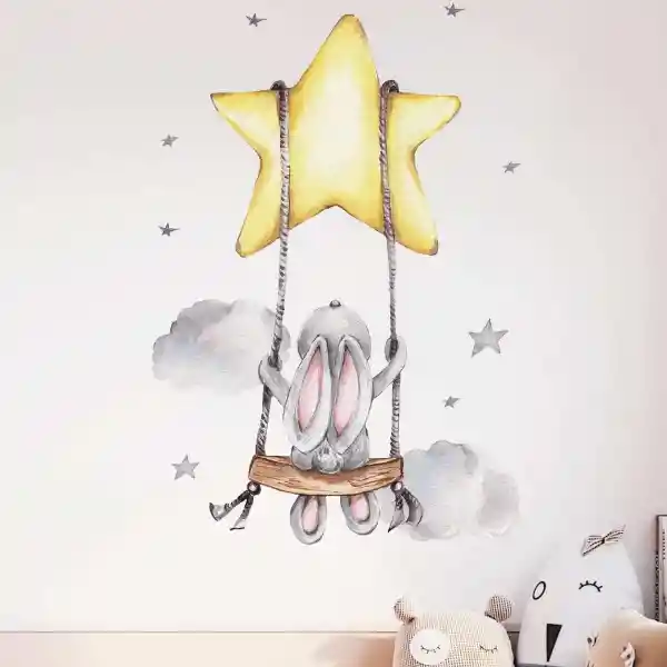 Vinilo Decorativo Infantil O Calcomanía De Pared Conejito En Columpio De Estrella