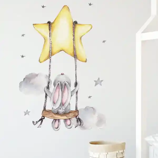 Vinilo Decorativo Infantil O Calcomanía De Pared Conejito En Columpio De Estrella