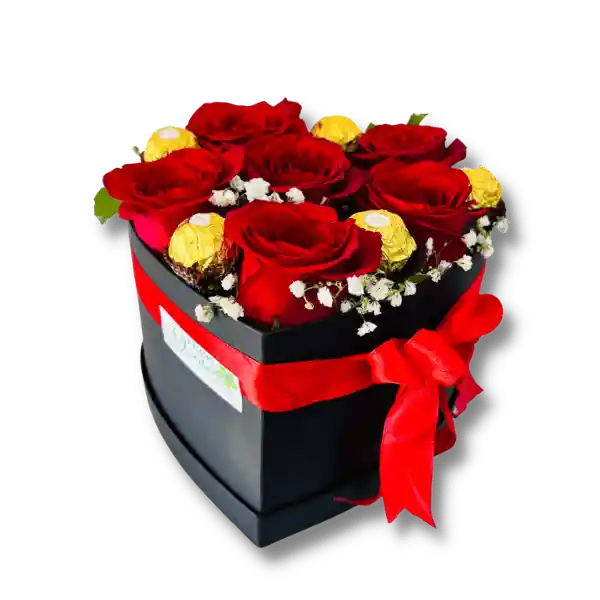 Caja De 6 Rosas Y Bombones Corazon Rojo