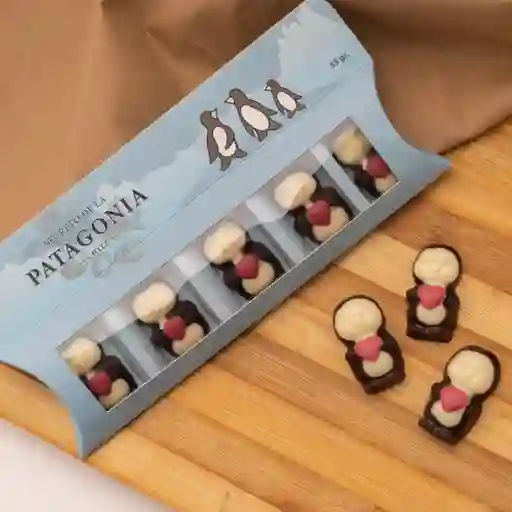 souvenir patagonico: caja con 5 pinguinitos de Chocolate fino templado en marmol