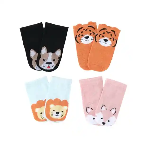 Set 4 Par De Calcetines Con Diseño Estampados Animales De Colores Para Bebes 0-6 Meses