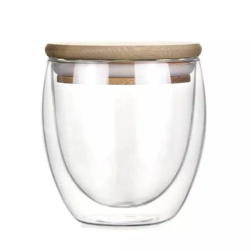 Vaso Mug Vidrio Doble Capa Con Tapa Bambú 260 Ml