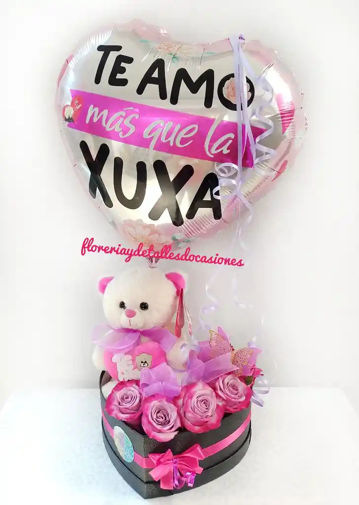 Caja Corazon Con Rosas, Peluche Y Globo