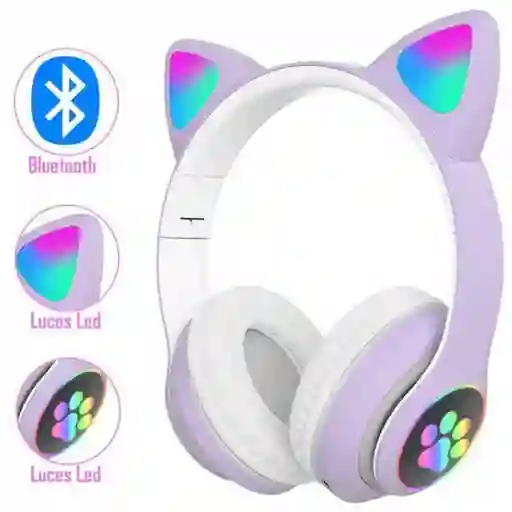 Audifonos Morado Bluetooth Orejas De Gato Con Luces Led
