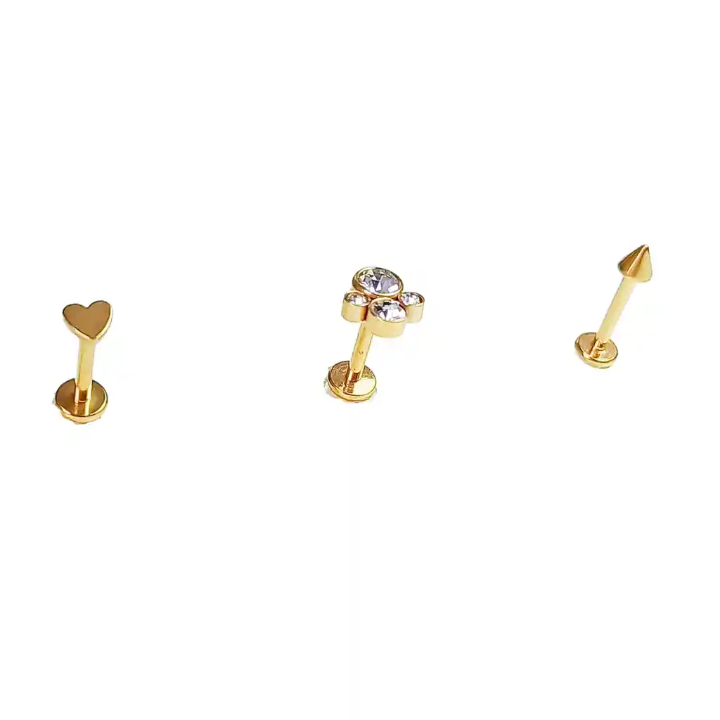 Set Piercing Chapado En Oro 18k Nostril Labret Flor Cono