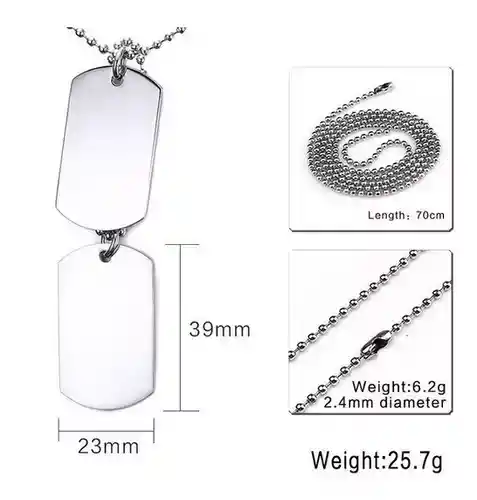 Colgante Doble Etiqueta Placa Acero Estilo Militar Hipoalergenica Plateada