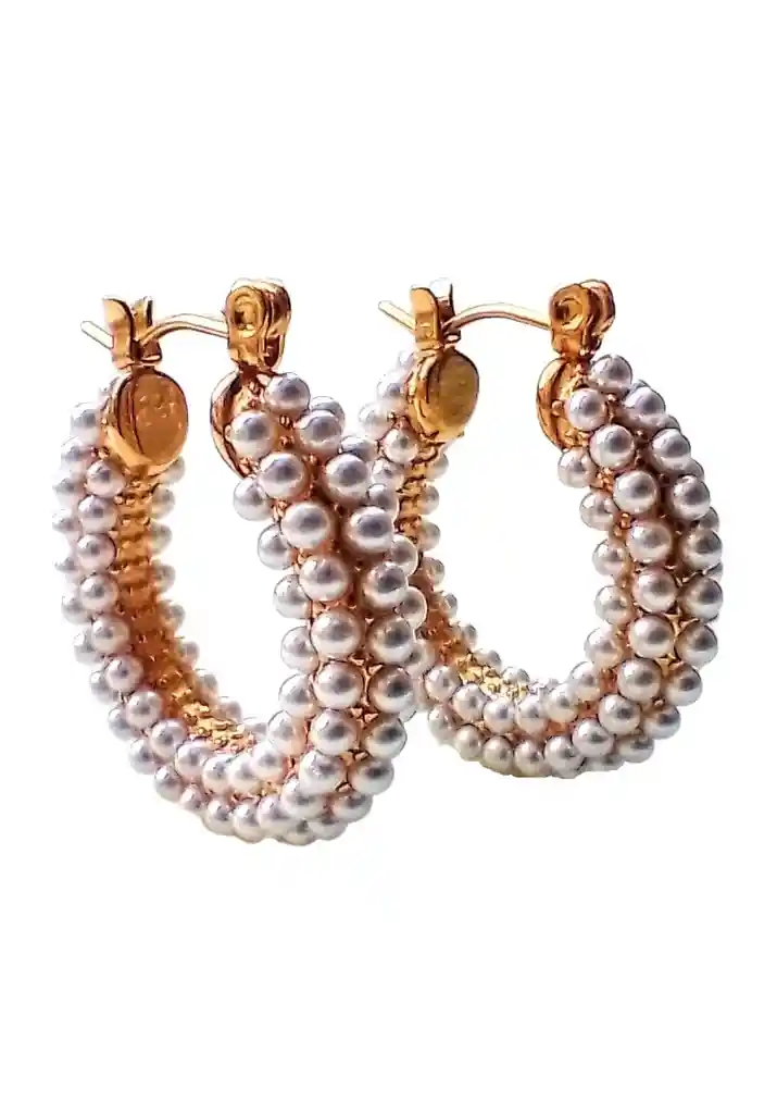 Aros Bote Hoop Argollas Largas Perlas Chunky Chapadas En Oro 18k