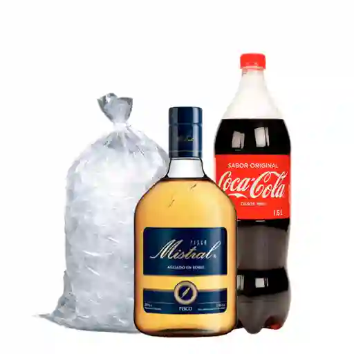 Pisco Mistral 35g 1l + Coca Cola 3l + 1k Hielo