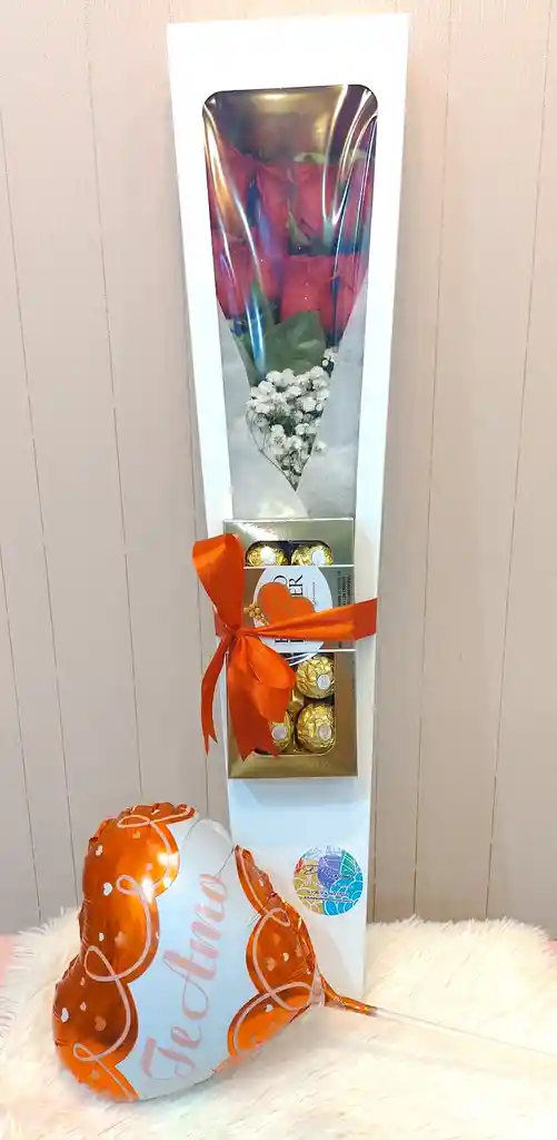 Caja Rectangular Con 12 Rosas, Bombones Ferrero Rocher Y Globo