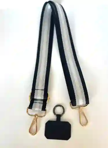 Strap Colgante Celular Plano Grueso Negro Con Plateado Y Blanco Con Adaptador Y Ajustable