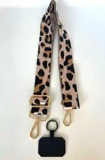 Strap Colgante Celular Plano Grueso Animal Print Rosado Con Negro Y Beige Con Adaptador Y Ajustable