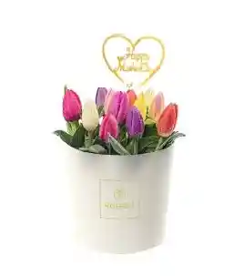 Sombrerera Crema Mediana Con 9 Tulipanes Variados Y Top Happy Mother Day