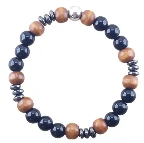 Pulsera Hombre De Ónix, Hematita, Madera Y Plata 925