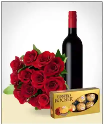 Bouquet 12 Rosas + Vino + Bombones