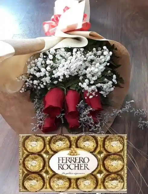 6 Rosas Y Caja Bombones Ferrero Rocher