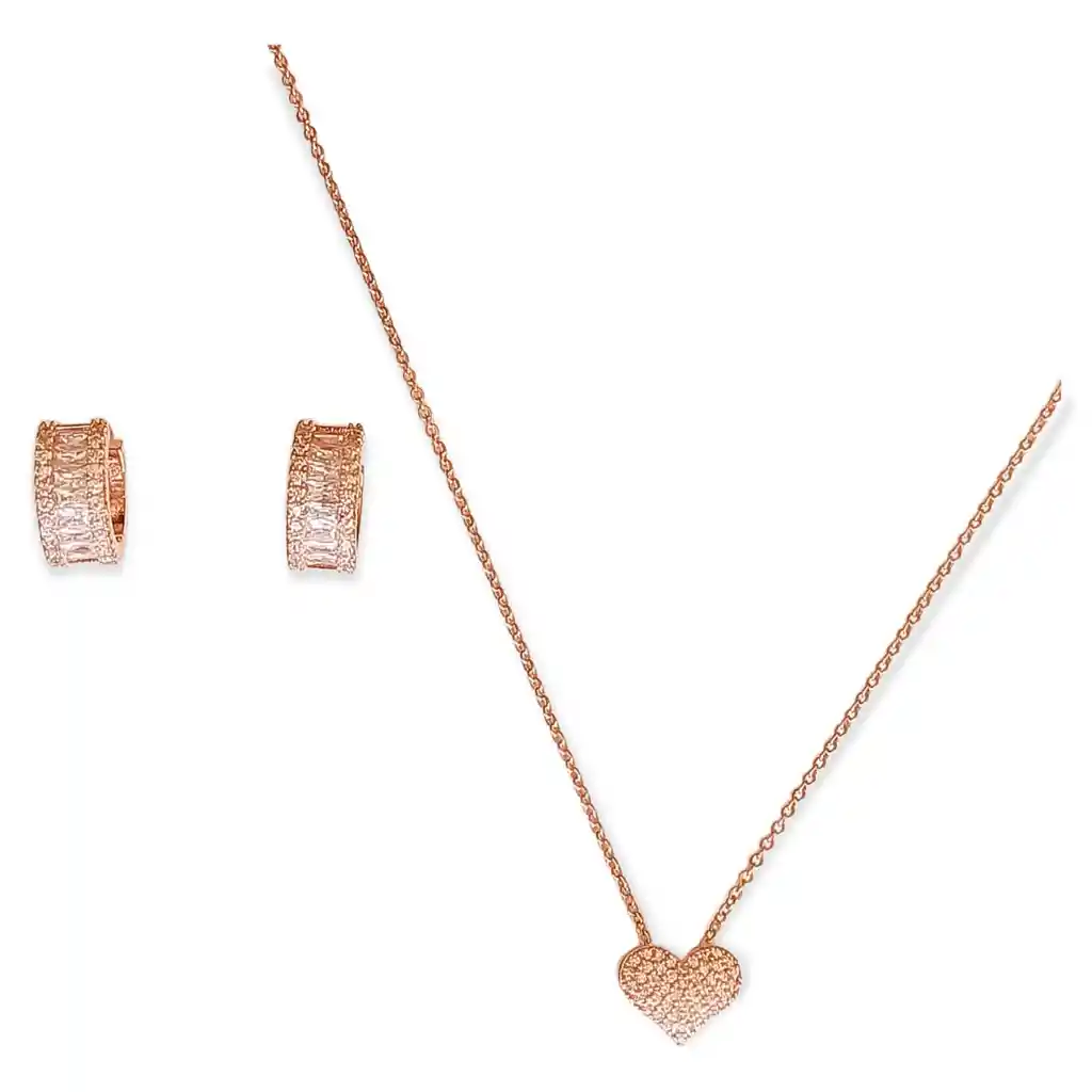 Set Conjunto Cadena Argolla Corazon Zirconia Chapada En Oro Rosa 18k