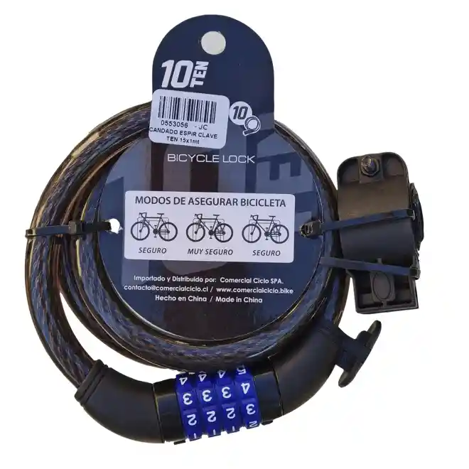 Candado 10ten Espiral Con Clave 1 Mt Grosor 15 Mm Negro